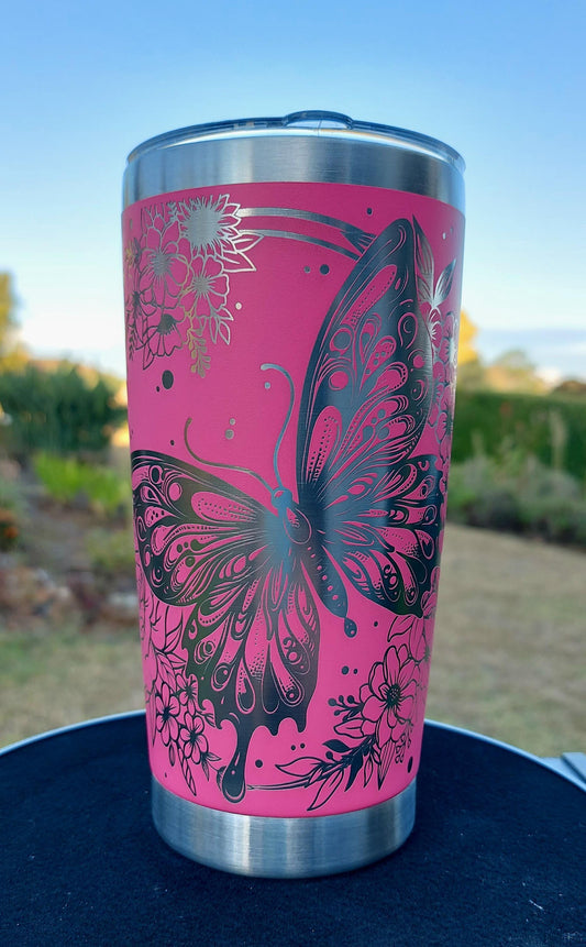 Unique Laser Engraved Travel Cup Floral Butterfly Mug Pink Tumbler 20oz 600ml Insulated Tumbler Laser Engraved Stainless Steel Mum Gifts