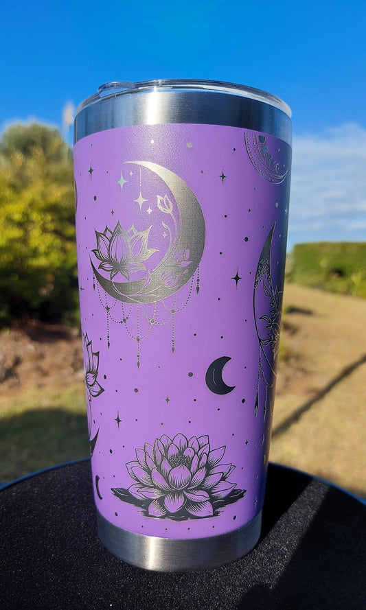 Unique Laser Engraved Travel Cup Lotus Moon Mug Purple Lilac Tumbler 20oz 600ml Insulated Tumbler Laser Engraved Stainless Steel Mothers day