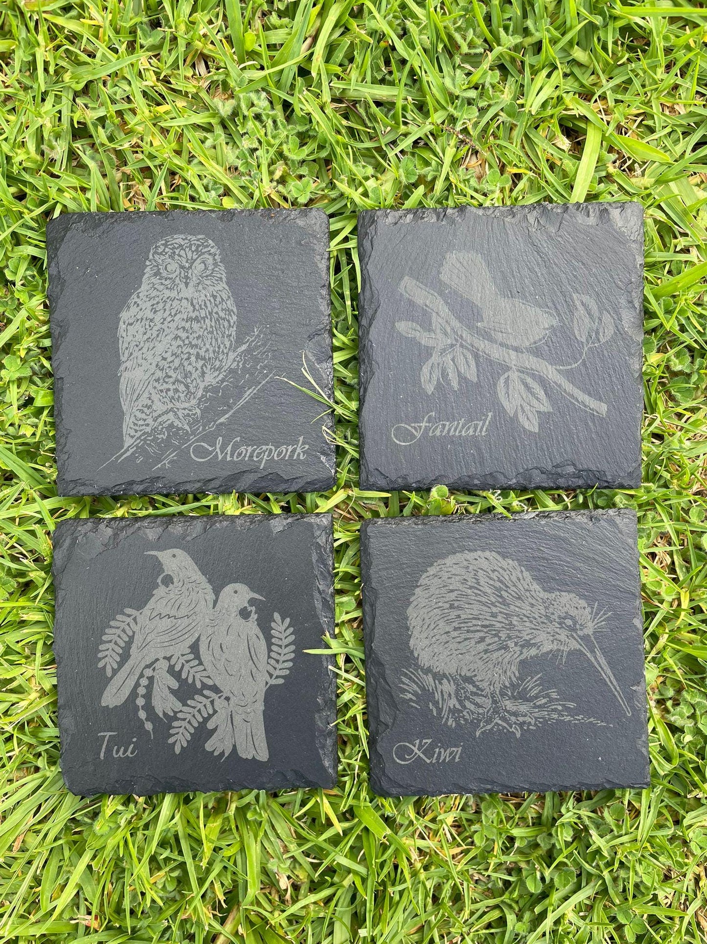 Birds of New Zealand Laser Engraved Slate Coasters set Tui, Kiwi, Morepork, Fantail - Native Nz Housewarming Birthday Anniversary Gifts