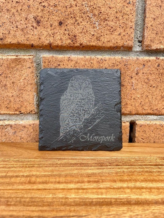 Morepork Owl - Birds of New Zealand Laser Engraved Personalized Slate Coaster NZ Wildlife Housewarming Birthday Personalised Gifts