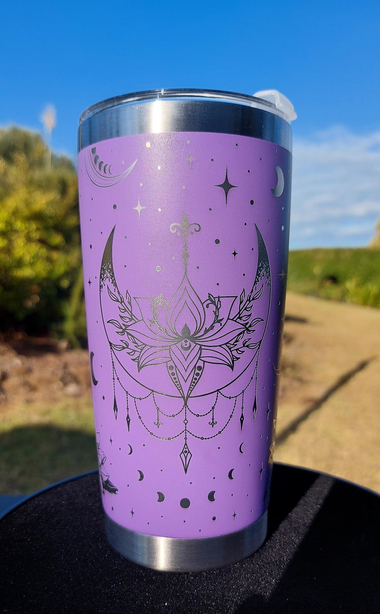 Unique Laser Engraved Travel Cup Lotus Moon Mug Purple Lilac Tumbler 20oz 600ml Insulated Tumbler Laser Engraved Stainless Steel Mothers day