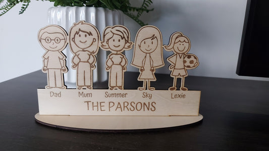 Personalised Engraved Wooden Character Family Sign - Freestanding Personalized Rustic Home Plaque - Gift Birthday Mum Dad Nan Whanua