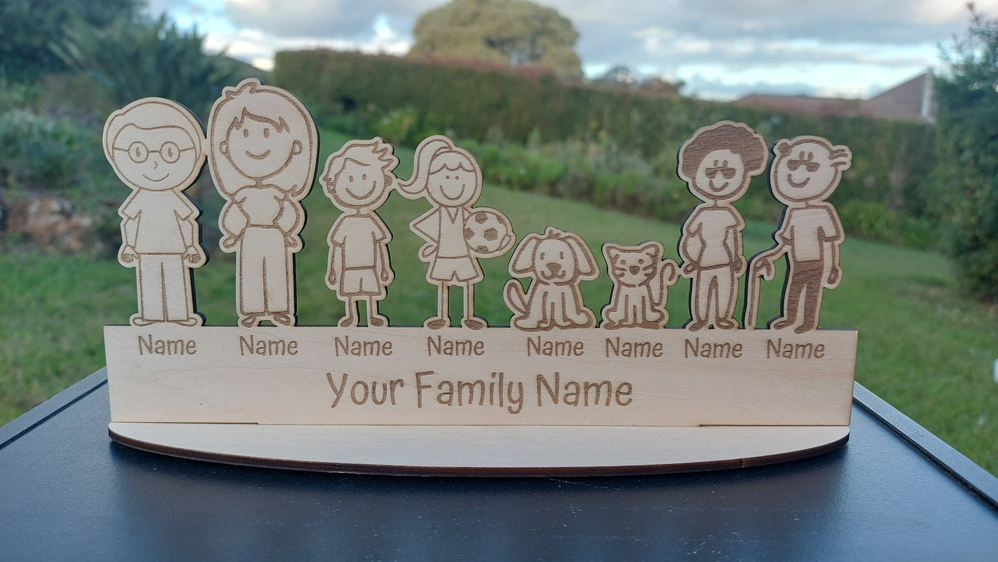Personalised Engraved Wooden Character Family Sign - Freestanding Personalized Rustic Home Plaque - Gift Birthday Mum Dad Nan Whanua