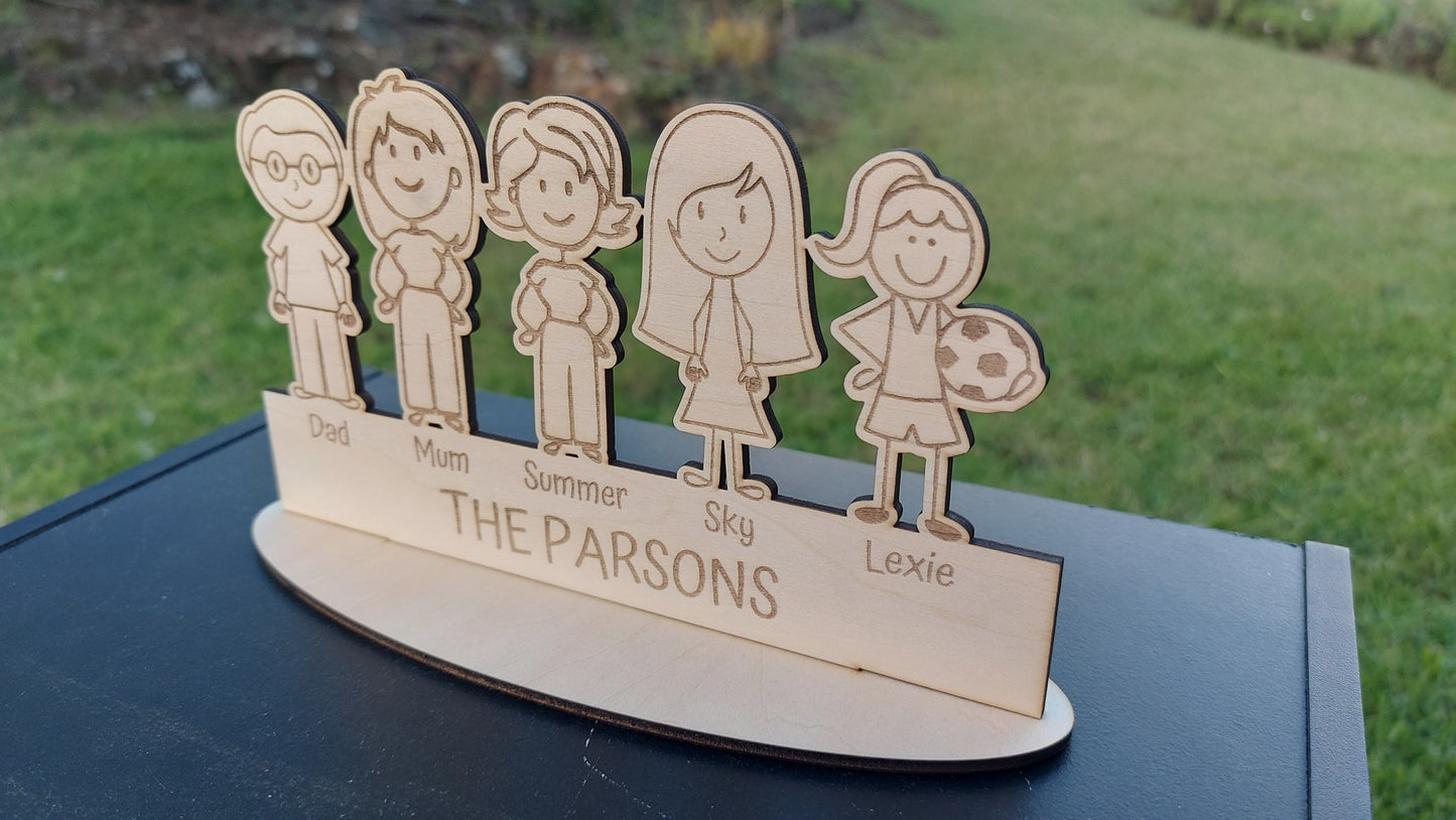 Personalised Engraved Wooden Character Family Sign - Freestanding Personalized Rustic Home Plaque - Gift Birthday Mum Dad Nan Whanua