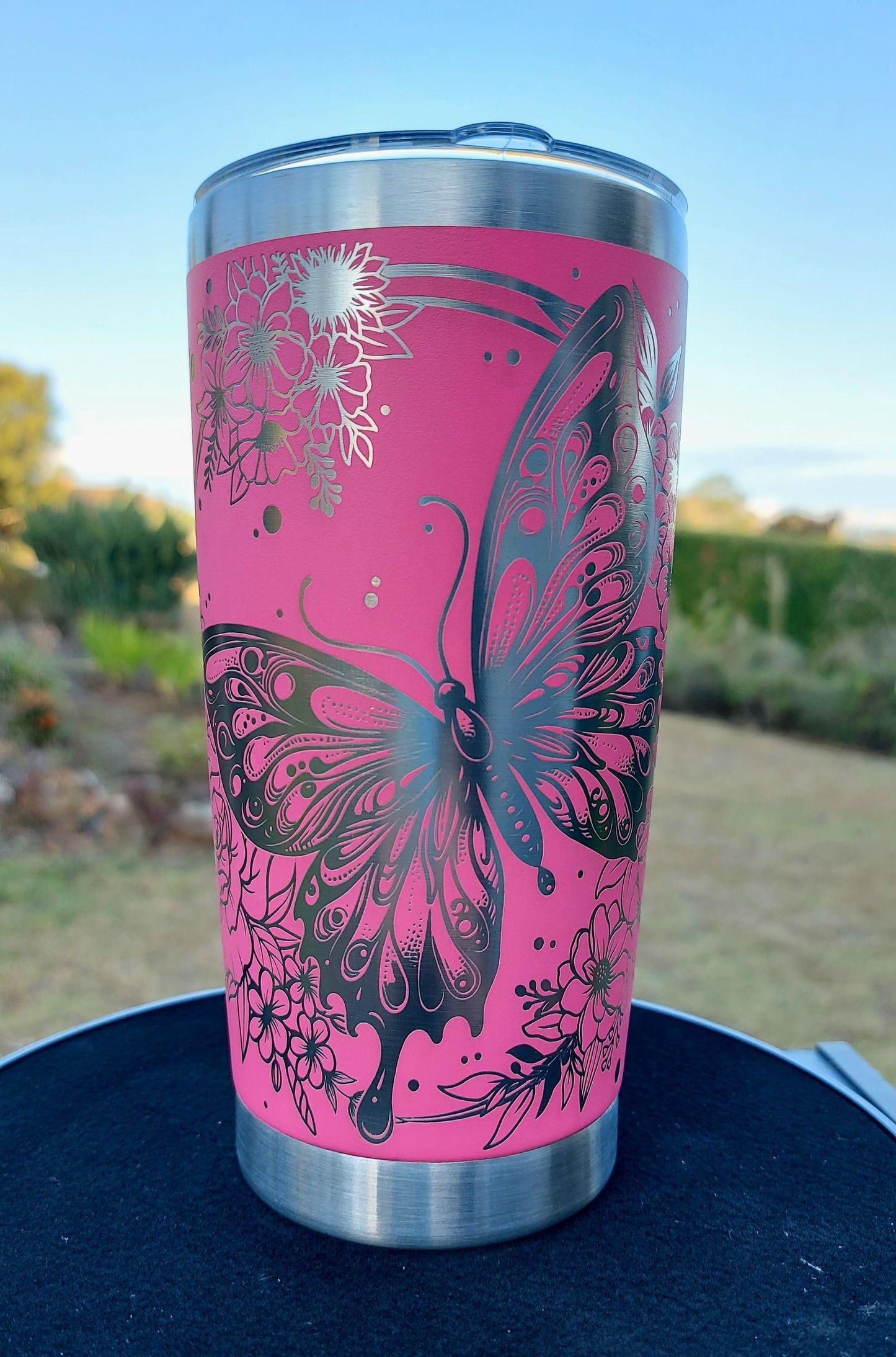 Unique Laser Engraved Travel Cup Floral Butterfly Mug Pink Tumbler 20oz 600ml Insulated Tumbler Laser Engraved Stainless Steel Mum Gifts