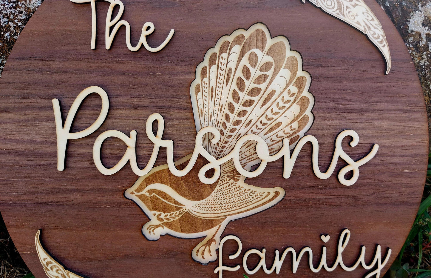 Family Whanua Fantail Sign Personalised Layered Wooden Wall Hanging Rustic Gift Mothers Day Birthday Christmas Maori Personalized Home Decor