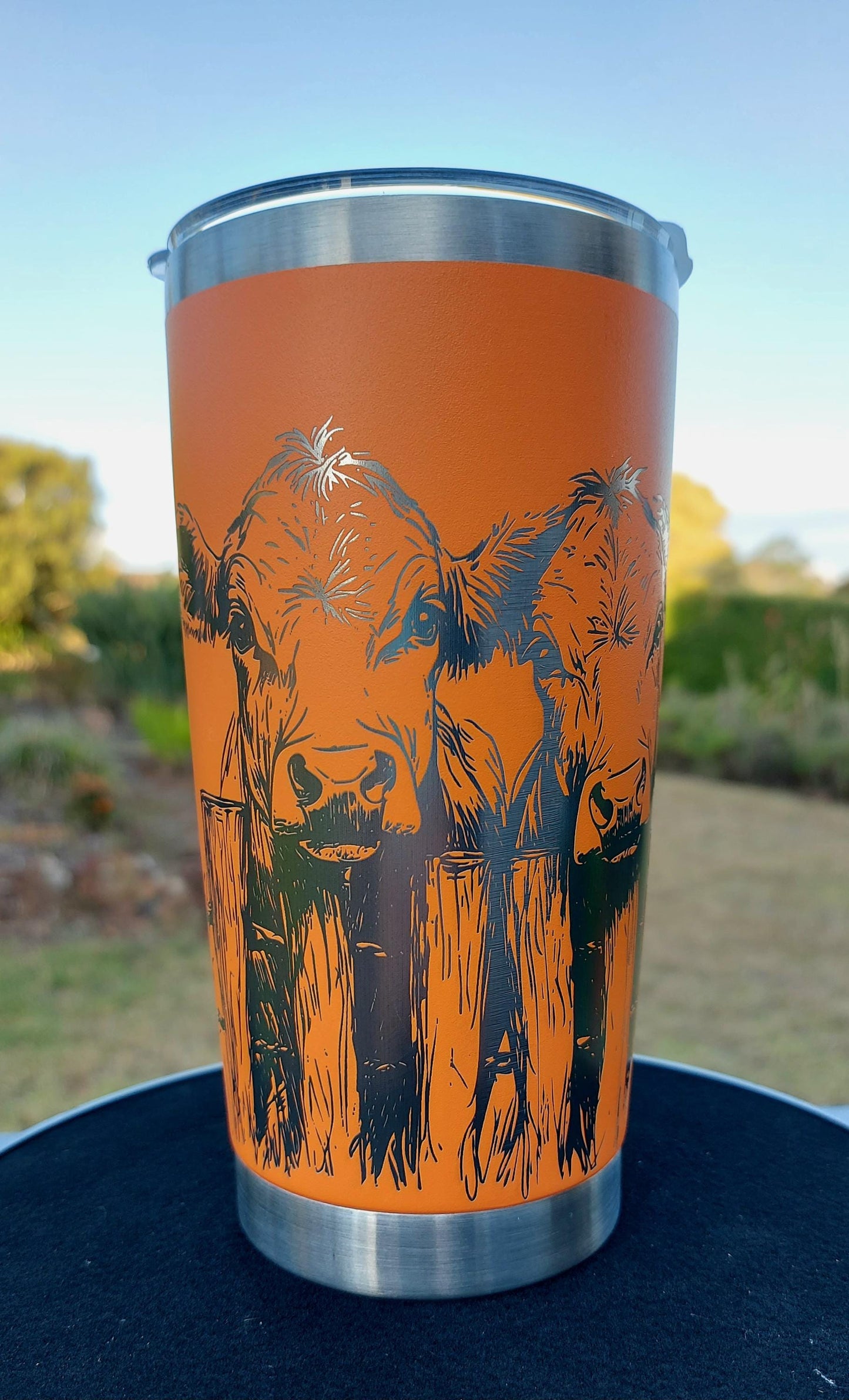 Unique Laser Engraved Travel Cup Farming Cows Faces Mug Orange Tumbler 20oz 600ml Insulated Tumbler Laser Engraved Stainless Steel Mum Gifts