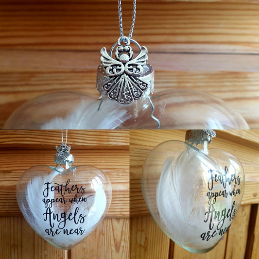 Feathers Appear When Angels Are Near GLASS Heart Memorial Hanging Bauble Personalised Remembrance Gift Personalized Family Loss Keepsake