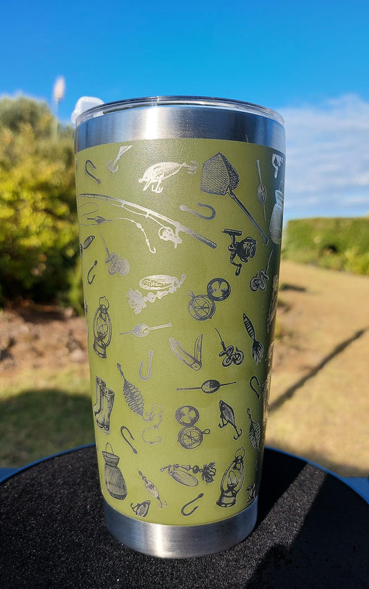 Unique Laser Engraved Travel Cup Fishing Themed Mug Khaki Tumbler 20oz 600ml Insulated Tumbler Laser Engraved Stainless Steel Dad Gifts