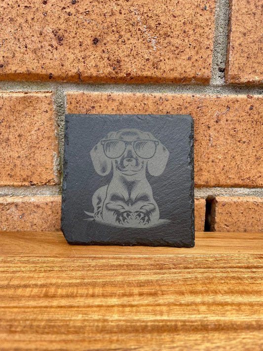 Funky Dachshund Laser Etched Slate Coaster set - 100mm - Sausage Dog wearing Sunglasses - housewarming - Anniversary - Birthday - Dog Gifts