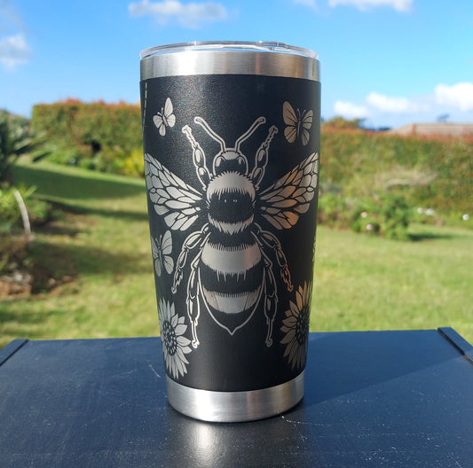 BEE HAPPY Travel Cup Coffee Mug Black Tumbler 20oz Insulated Tumbler Laser Engraved Stainless Steel - Sunflowers