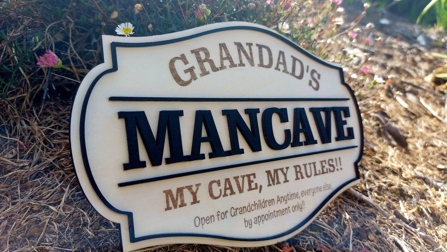 Grandads MANCAVE Personalized wooden Sign Rustic Plaque Grandchildren Welcome Garage Dad Birthday Fathers Day Personalised Man Shed Bar Sign