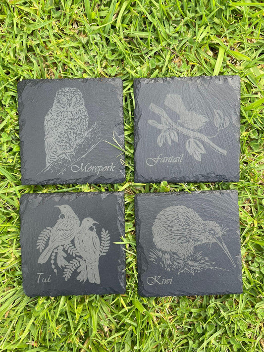 Birds of New Zealand Laser Engraved Slate Coasters set  Tui, Kiwi, Morepork, Fantail - Native Nz Housewarming Birthday Anniversary Gifts