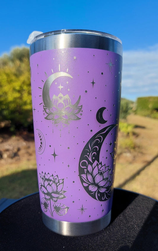 Unique Laser Engraved Travel Cup Lotus Moon Mug Purple Lilac Tumbler 20oz 600ml Insulated Tumbler Laser Engraved Stainless Steel Mothers day