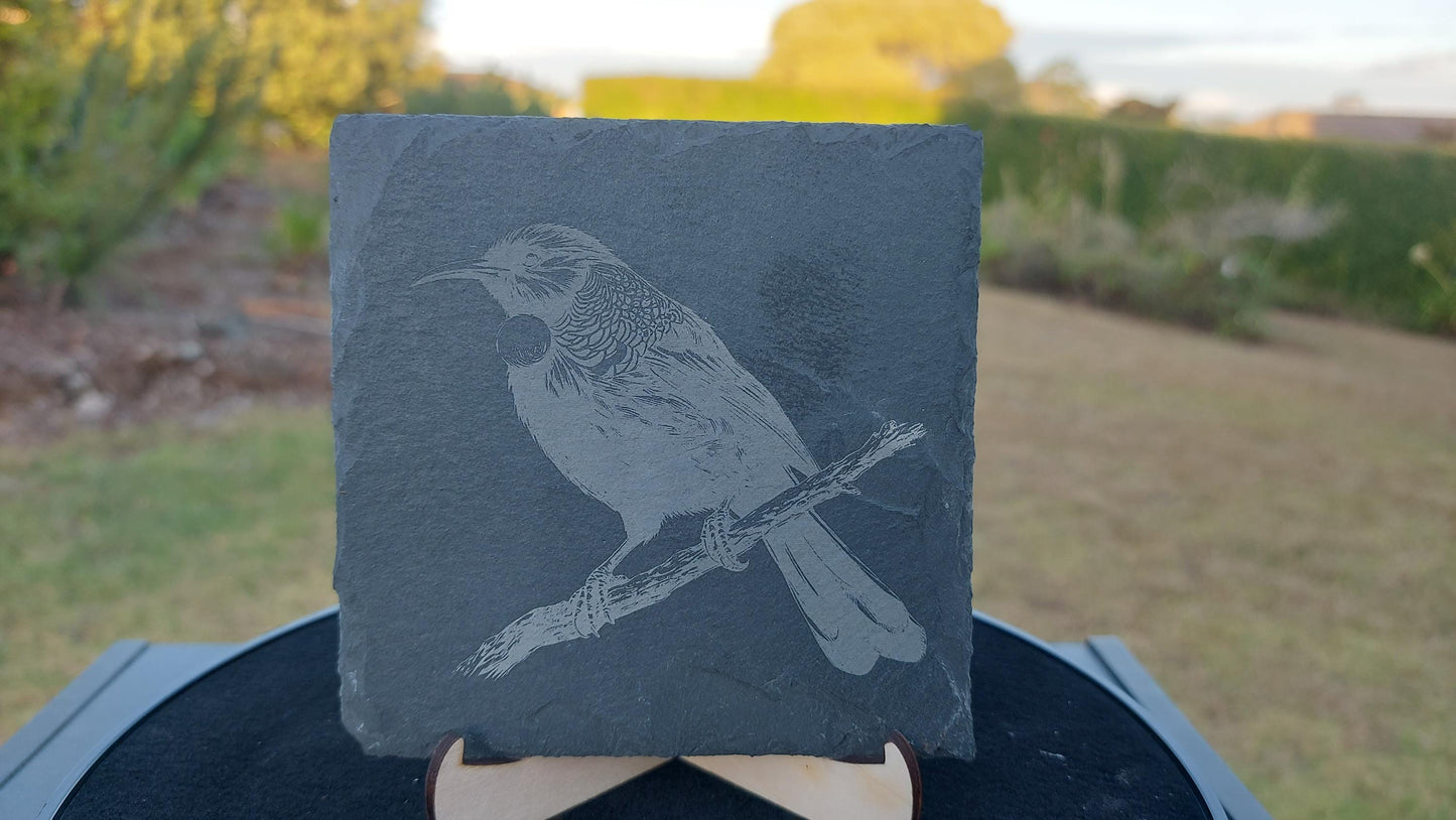 Tui - Beautiful Bird of New Zealand Laser Etched Slate Coaster - 100mm - Housewarming - Birthday - Anniversary - NZ Wildlife - Personalised