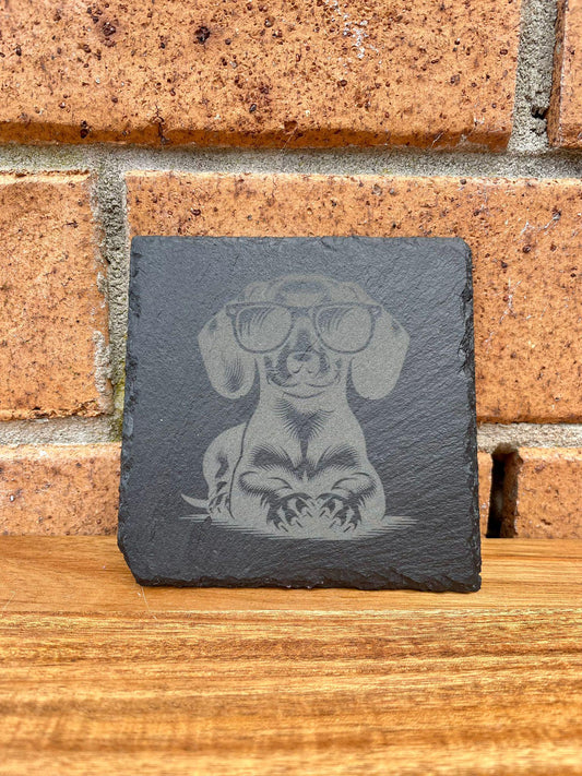 Funky Dachshund Laser Etched Slate Coaster set - 100mm - Sausage Dog wearing Sunglasses - housewarming - Anniversary - Birthday - Dog Gifts