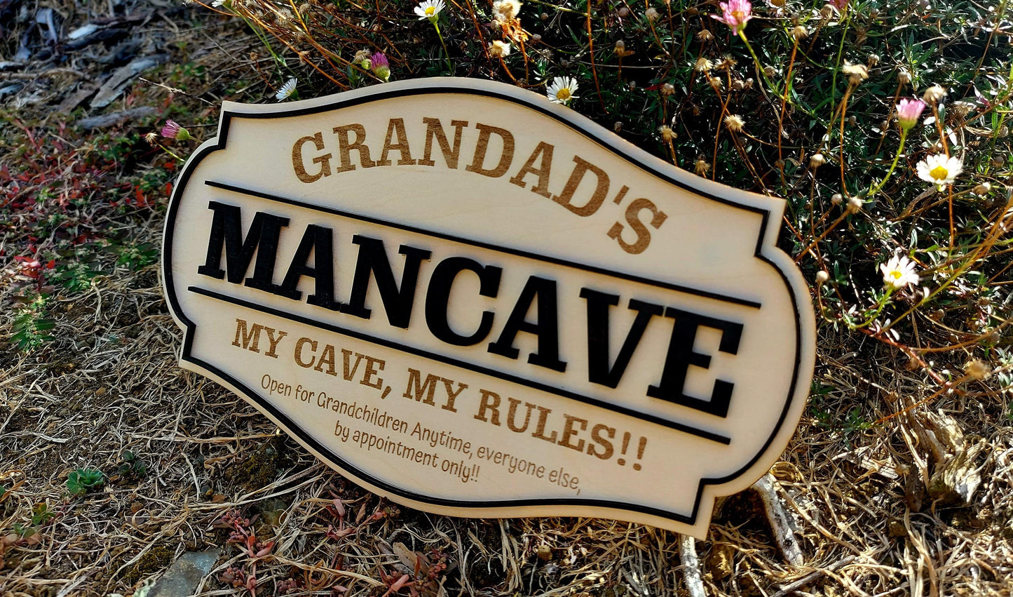 Grandads MANCAVE Personalized wooden Sign Rustic Plaque Grandchildren Welcome Garage Dad Birthday Fathers Day Personalised Man Shed Bar Sign