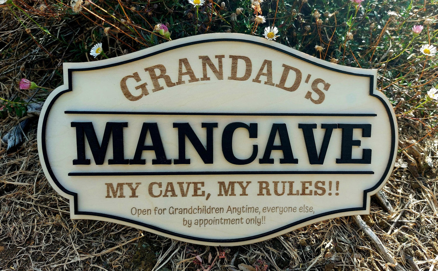 Grandads MANCAVE Personalized wooden Sign Rustic Plaque Grandchildren Welcome Garage Dad Birthday Fathers Day Personalised Man Shed Bar Sign