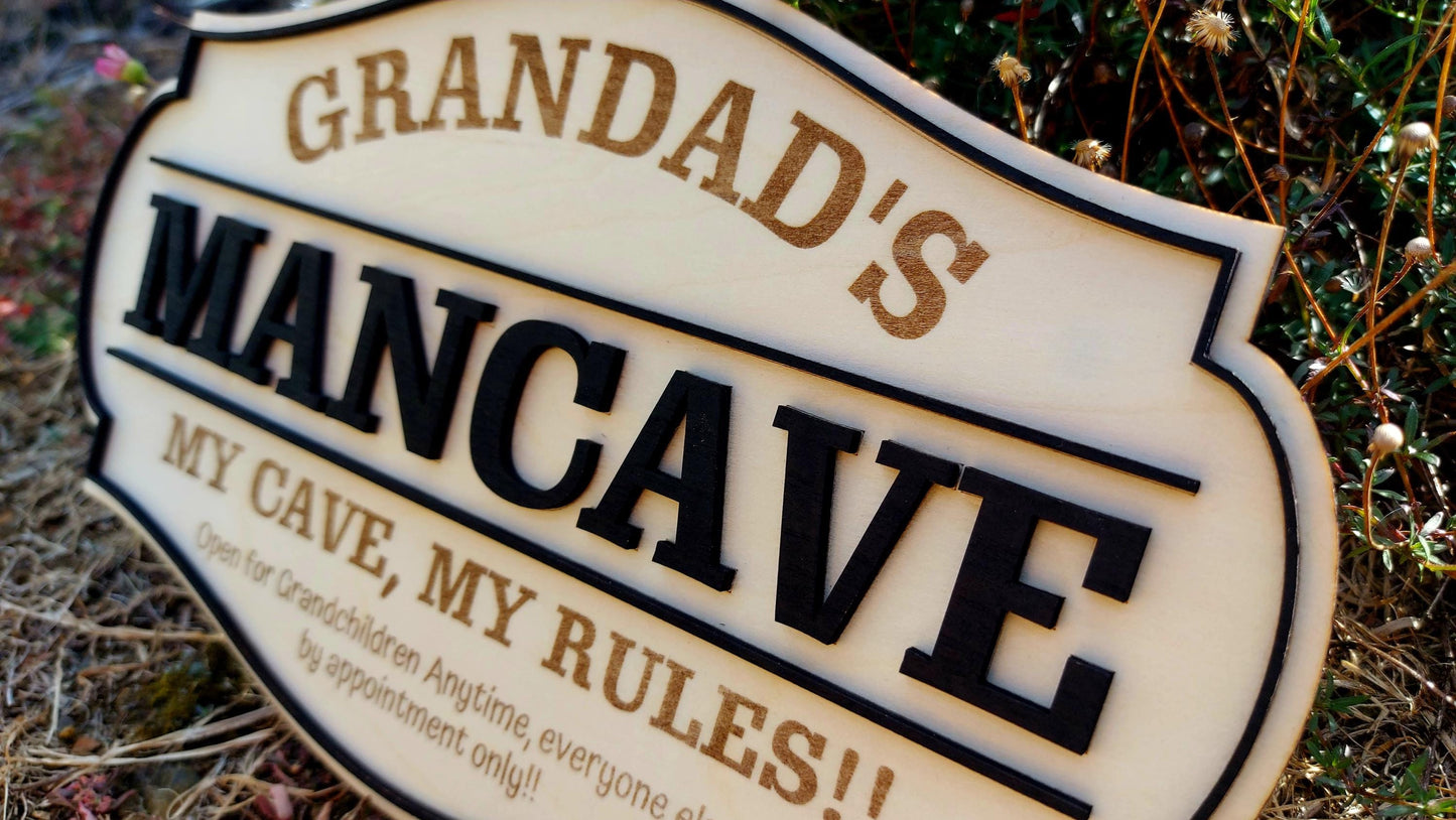 Grandads MANCAVE Personalized wooden Sign Rustic Plaque Grandchildren Welcome Garage Dad Birthday Fathers Day Personalised Man Shed Bar Sign