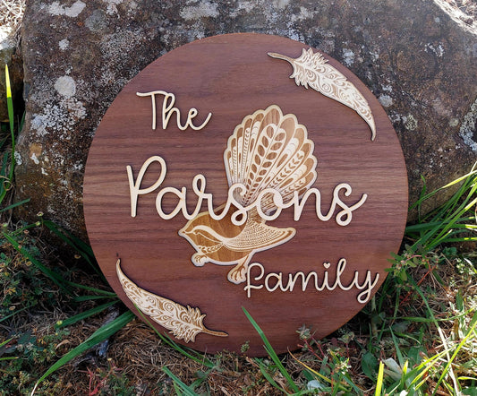 Family Whanua Fantail Sign Personalised Layered Wooden Wall Hanging Rustic Gift Mothers Day Birthday Christmas Maori Personalized Home Decor