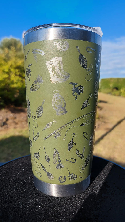 Unique Laser Engraved Travel Cup Fishing Themed Mug Khaki Tumbler 20oz 600ml Insulated Tumbler Laser Engraved Stainless Steel Dad Gifts