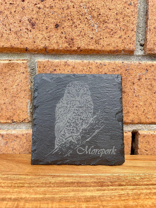 Morepork Owl - Birds of New Zealand Laser Engraved Personalized Slate Coaster NZ Wildlife Housewarming Birthday Personalised Gifts