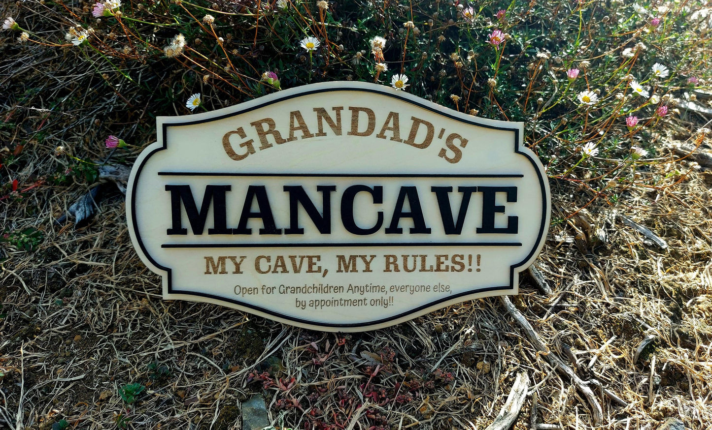 Grandads MANCAVE Personalized wooden Sign Rustic Plaque Grandchildren Welcome Garage Dad Birthday Fathers Day Personalised Man Shed Bar Sign