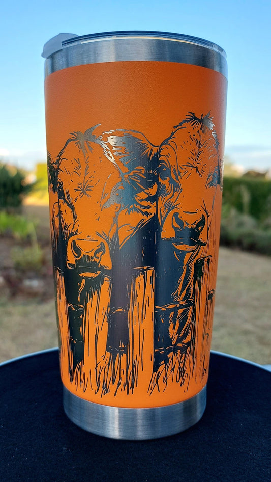 Unique Laser Engraved Travel Cup Farming Cows Faces Mug Orange Tumbler 20oz 600ml Insulated Tumbler Laser Engraved Stainless Steel Mum Gifts