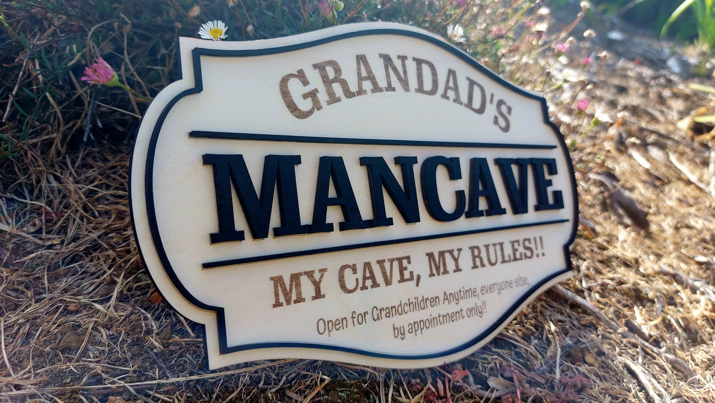Grandads MANCAVE Personalized wooden Sign Rustic Plaque Grandchildren Welcome Garage Dad Birthday Fathers Day Personalised Man Shed Bar Sign