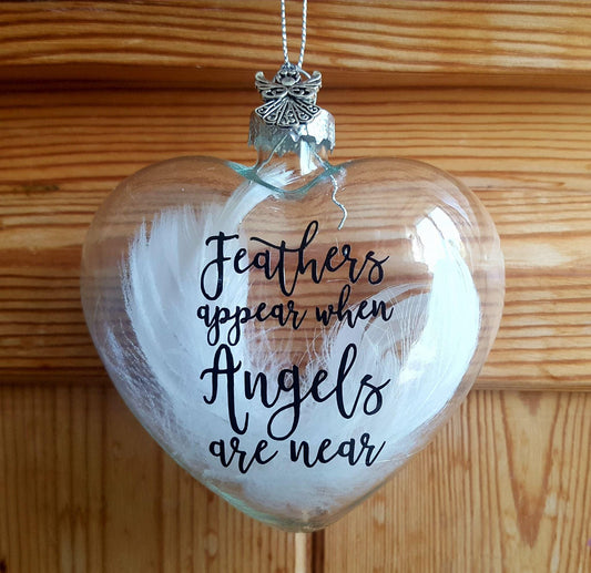 Feathers Appear When Angels Are Near GLASS Heart Memorial Hanging Bauble Personalised Remembrance Gift Personalized Family Loss Keepsake