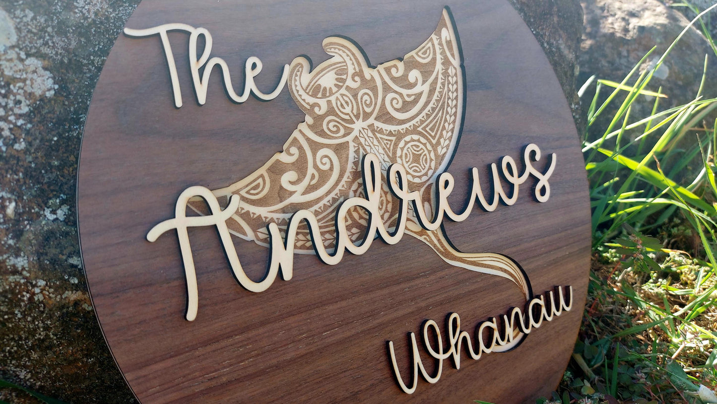 Family Whanua Ray Sign Personalised Layered Wooden Wall Hanging Rustic Gift Mothers Day Birthday Christmas Maori Personalized Home Decor