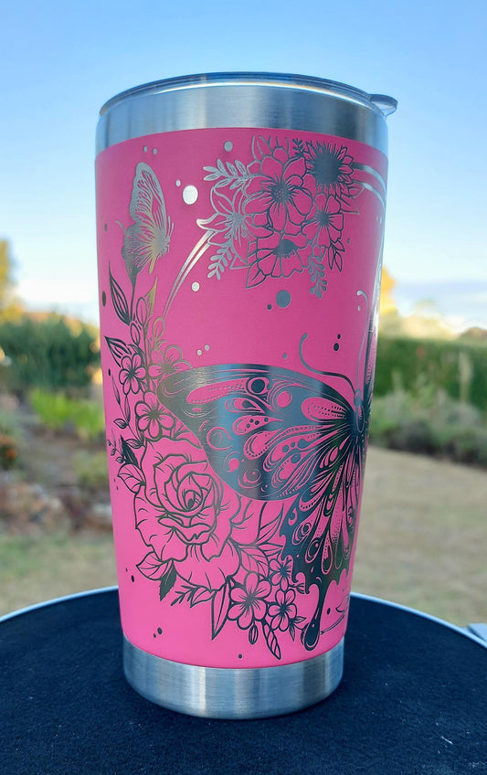 Unique Laser Engraved Travel Cup Floral Butterfly Mug Pink Tumbler 20oz 600ml Insulated Tumbler Laser Engraved Stainless Steel Mum Gifts