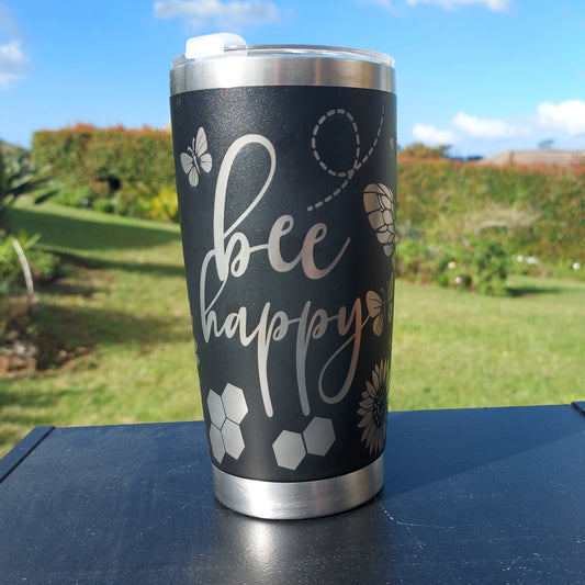 BEE HAPPY Travel Cup Coffee Mug Black Tumbler 20oz Insulated Tumbler Laser Engraved Stainless Steel - Sunflowers