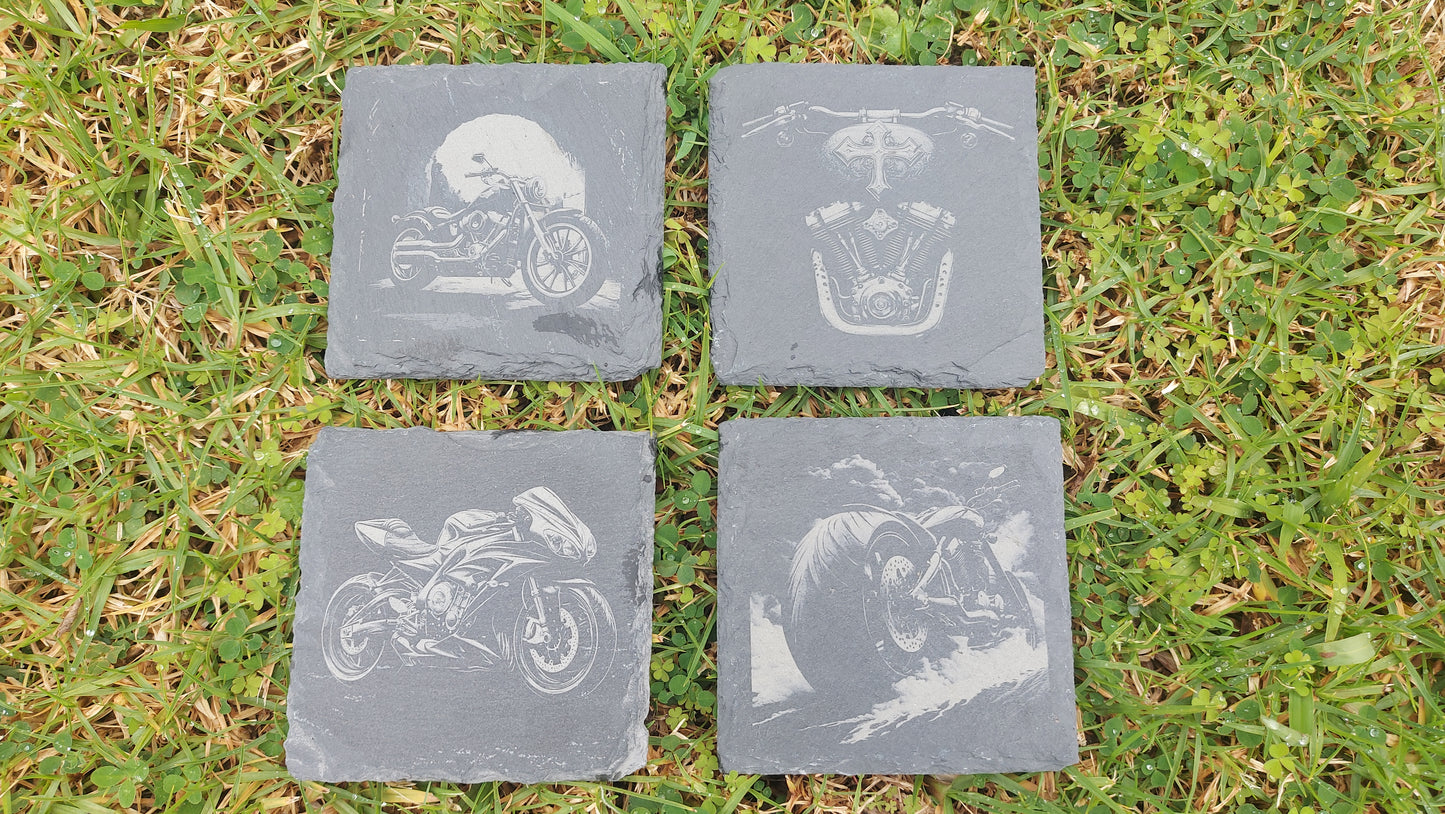 Laser Engraved Slate Coasters set  of Motorbikes - Vintage, Modern, Racing, Housewarming Birthday Anniversary Gifts